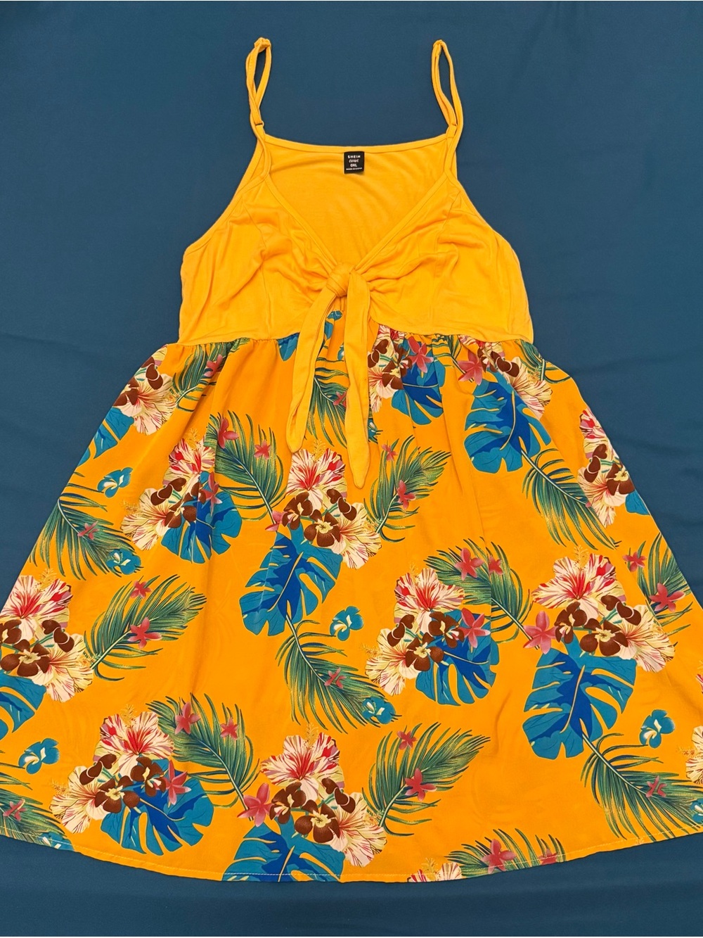 SHEIN Yellow Tropical Tie-Front Floral Sundress